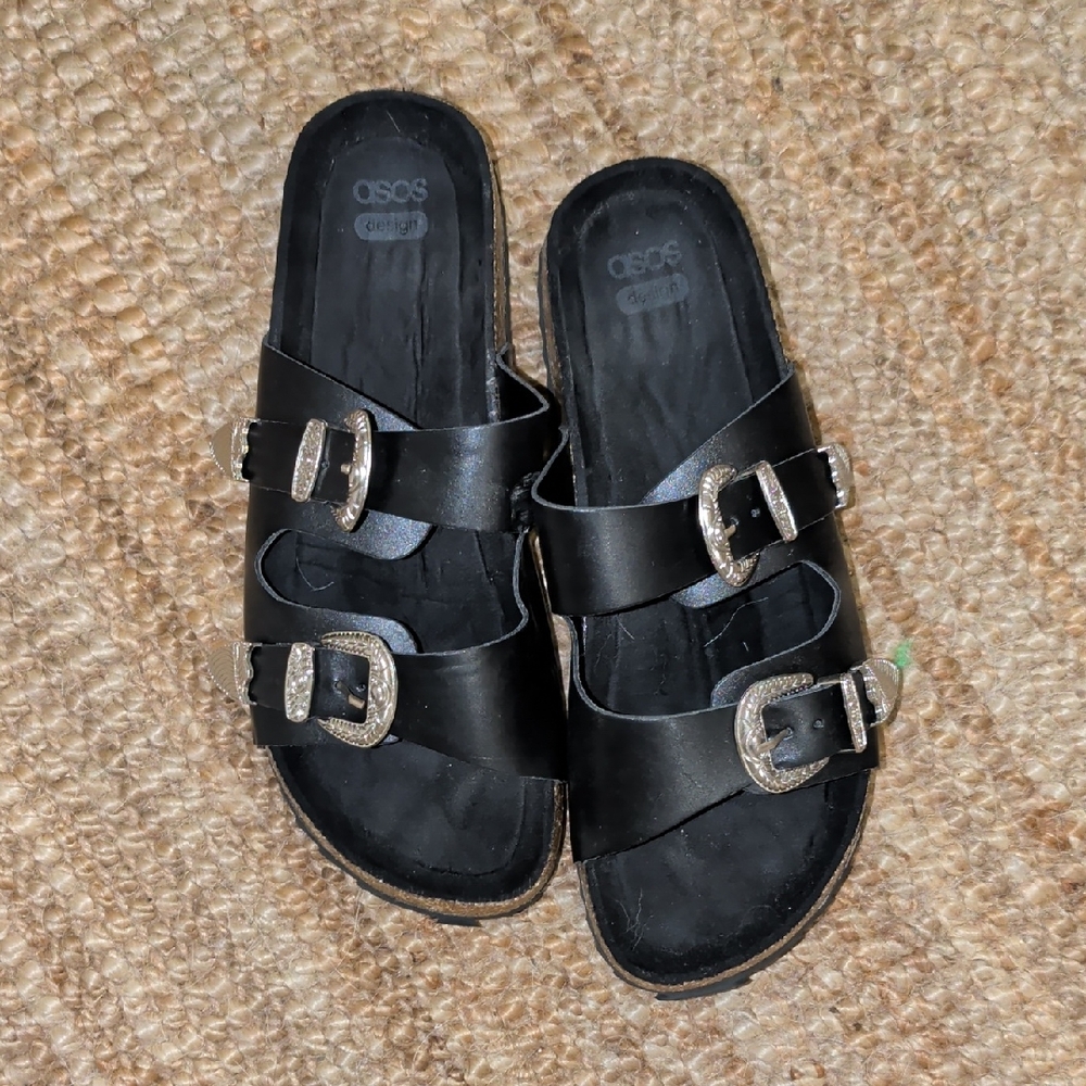 ASOS WESTERN Black Slide Sandals with Silver Buckles